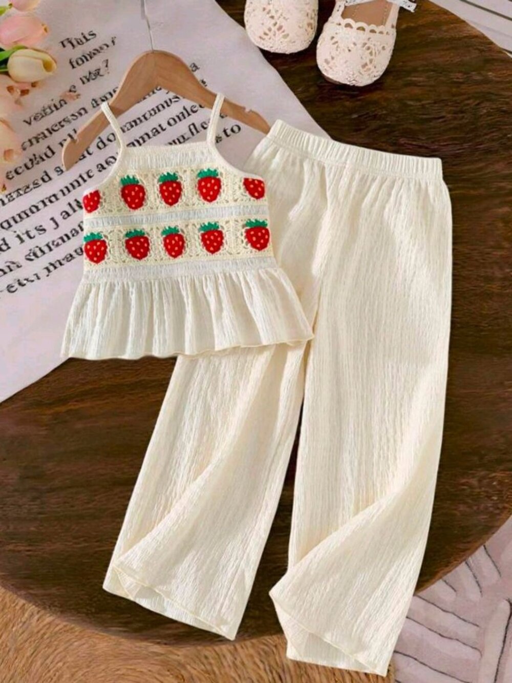 Shein ✦ Crochet Tank & Ruffle Pants Set ✦ Apricot Strawberry 2‑Piece 5Y NWT - Picture 8 of 9